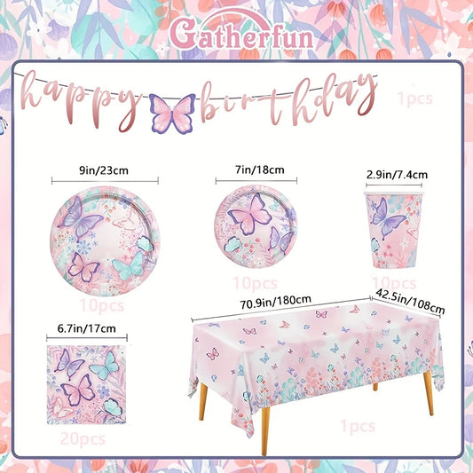 Floral & Butterfly Decorations and Tableware Kit For 10 Guests