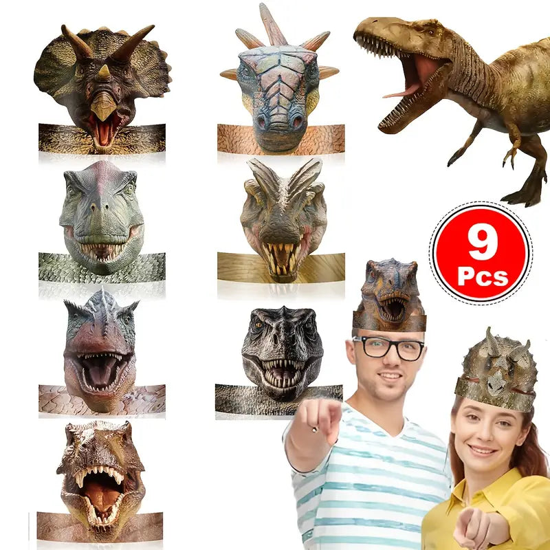 Realistic Dinosaur Party Hats & Crowns Pack of 9