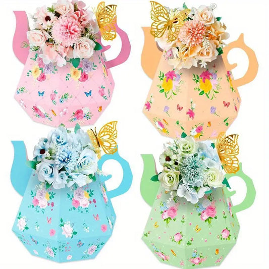Floral Teapot Box Centerpieces with Butterflies Pack of 12