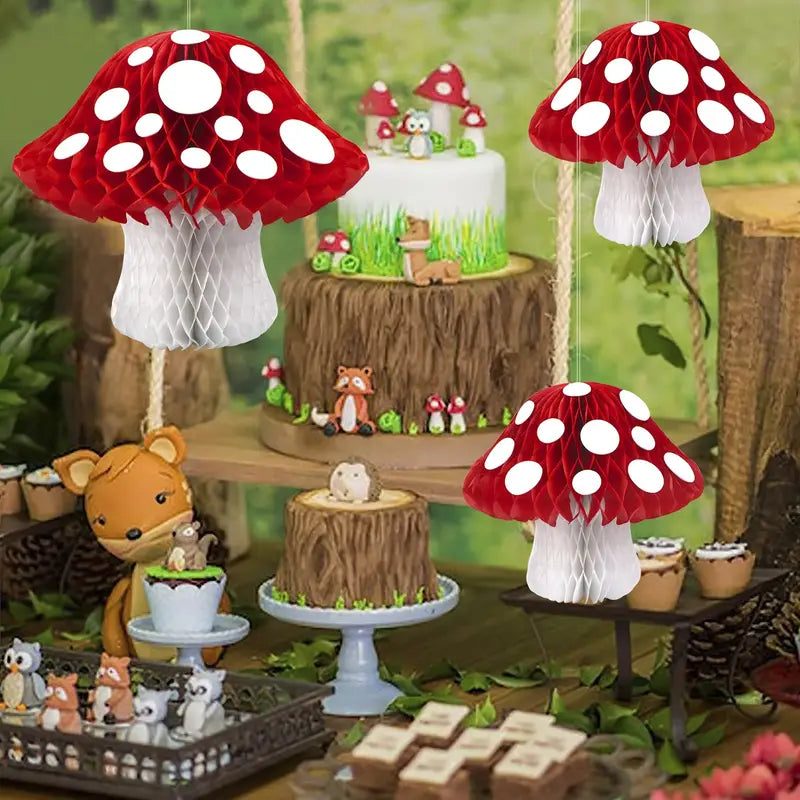Red & White Mushroom Honeycomb Decorations Pack of 3