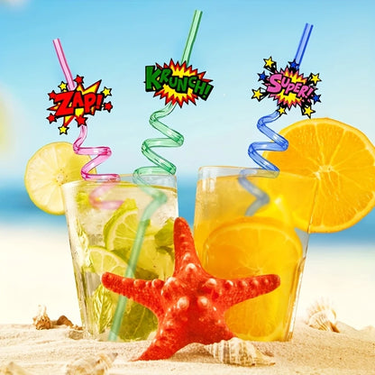 Superhero-Themed Reusable Spiral Plastic Straws Pack of 12