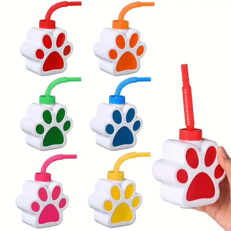 Dog Paw Shaped Plastic Cups with Straw & Lid Pack of 6