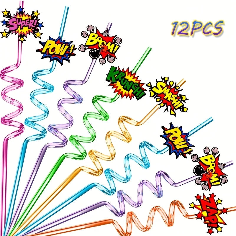 Superhero-Themed Reusable Spiral Plastic Straws Pack of 12
