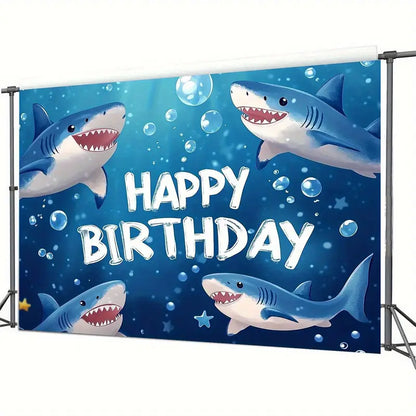 Shark Themed Happy Birthday Party Backdrop Banner