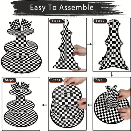 Racing Checkered 3-Tier Round Cardboard Cupcake Stand