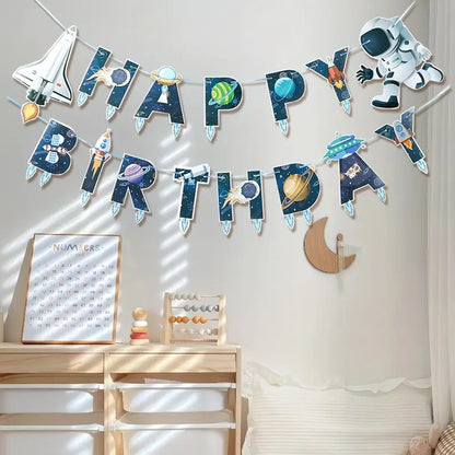 Space-Themed Happy Birthday Banner with Astronaut, Rocket & Planets