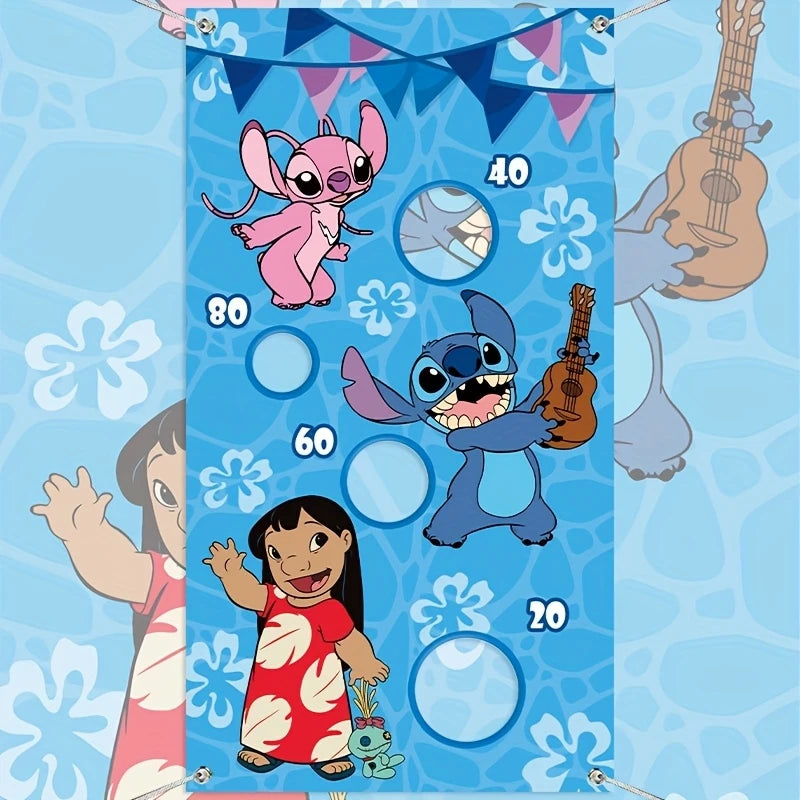 Stitch themed sandbag toss game banner with 3 sandbags