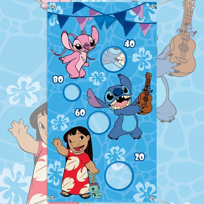 Stitch themed sandbag toss game banner with 3 sandbags