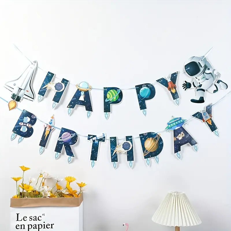 Space-Themed Happy Birthday Banner with Astronaut, Rocket & Planets