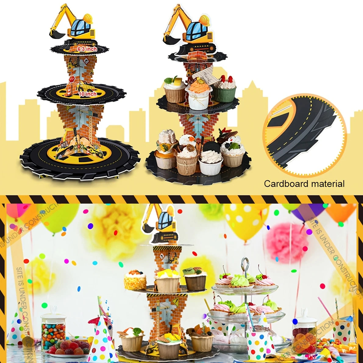 Construction 3-Tier Cupcake Stand with Dump Truck & Excavator Design