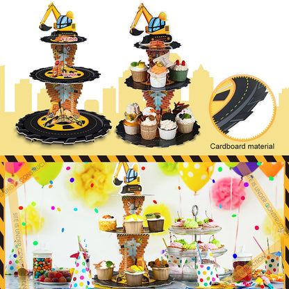 Construction 3-Tier Cupcake Stand with Dump Truck & Excavator Design