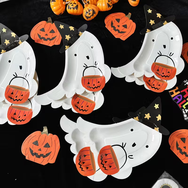 Halloween Ghost Witch Paper Plates with Pumpkin Basket Pack of 8