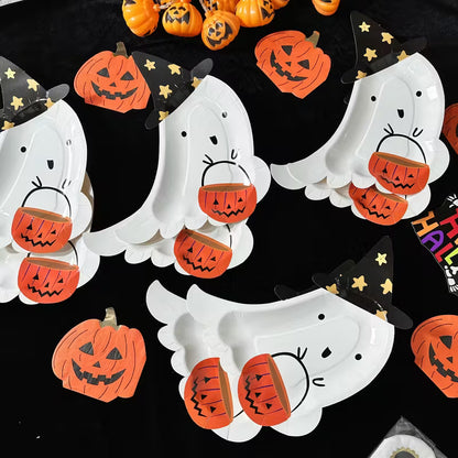 Halloween Ghost Witch Paper Plates with Pumpkin Basket Pack of 8
