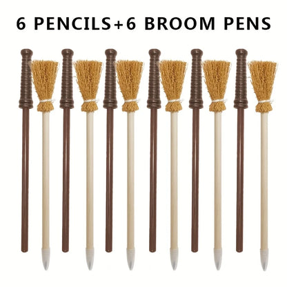 Harry Potter Wizard-Themed Pencils and Broom Pens Set of 6