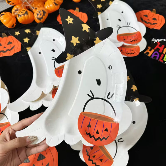 Halloween Ghost Witch Paper Plates with Pumpkin Basket Pack of 8