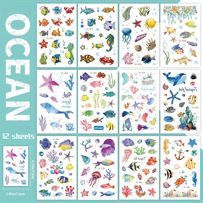 Watercolor Ocean Sea Animals Temporary Tattoos 12 Sheets