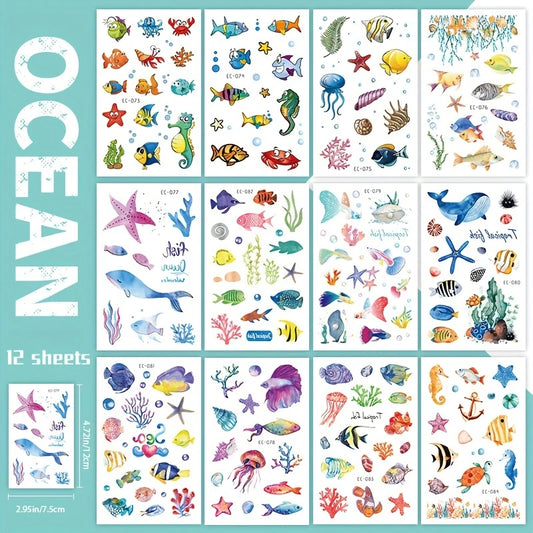 Watercolor Ocean Sea Animals Temporary Tattoos 12 Sheets