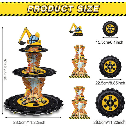 Construction 3-Tier Cupcake Stand with Dump Truck & Excavator Design