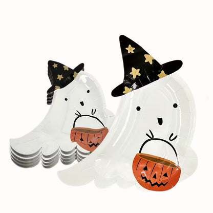 Halloween Ghost Witch Paper Plates with Pumpkin Basket Pack of 8