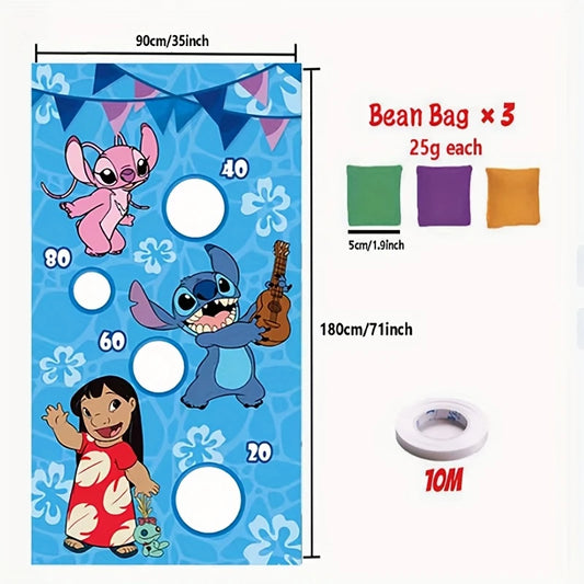 Stitch themed sandbag toss game banner with 3 sandbags