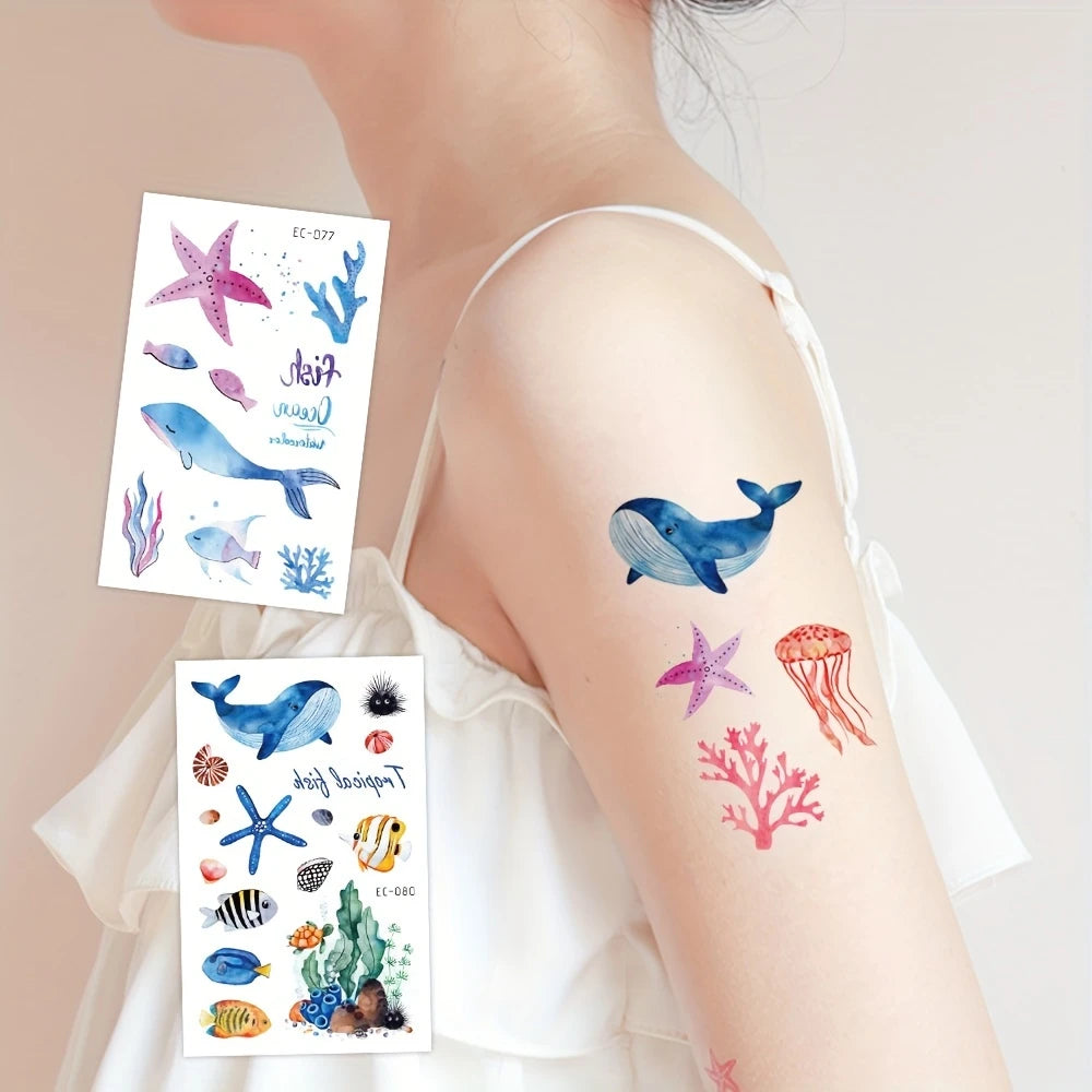 Watercolor Ocean Sea Animals Temporary Tattoos 12 Sheets