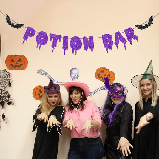 Halloween Potion Bar Banner Purple & Black Glittery Bat Design