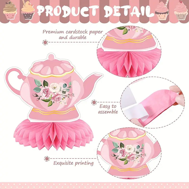 Paper Floral Teapot Tea Party Honeycomb Centerpieces Pack of 8