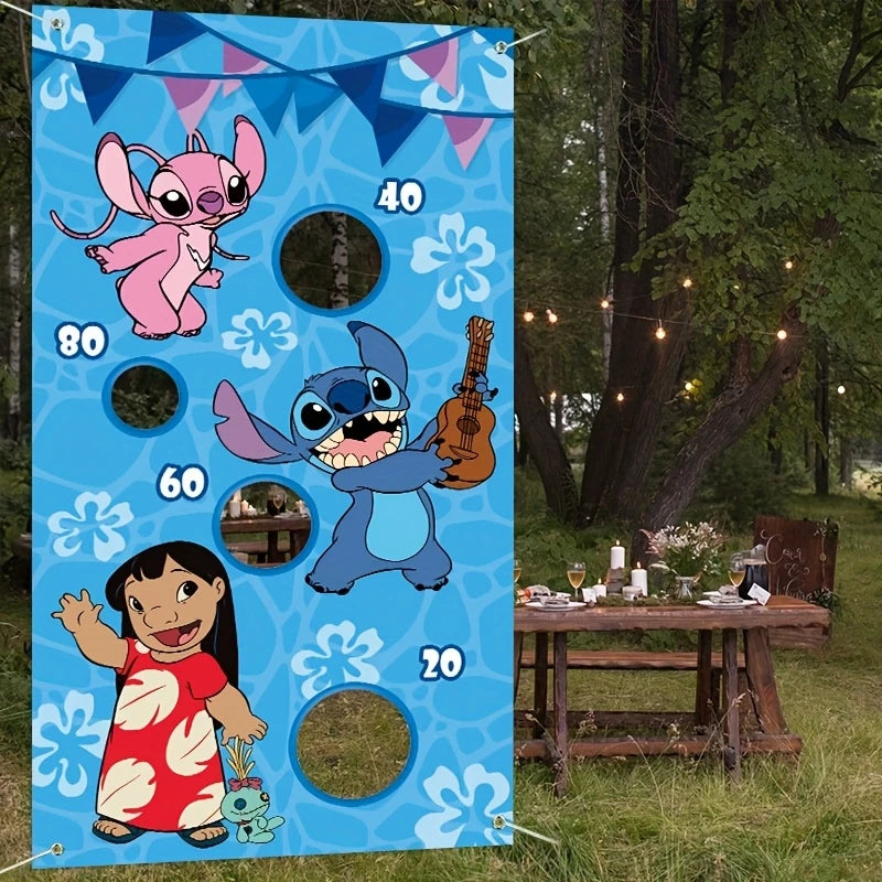 Stitch themed sandbag toss game banner with 3 sandbags