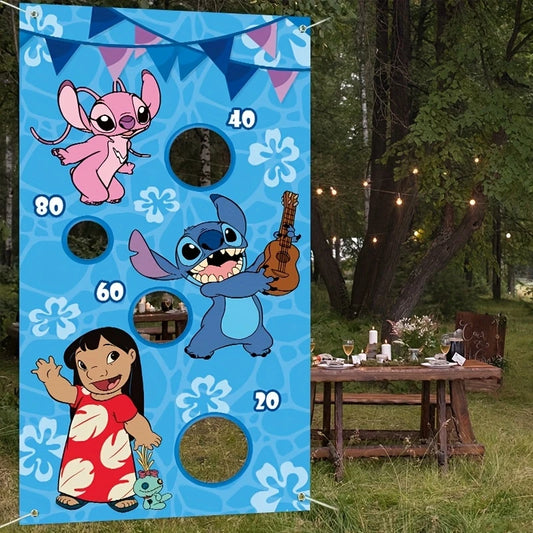 Stitch themed sandbag toss game banner with 3 sandbags