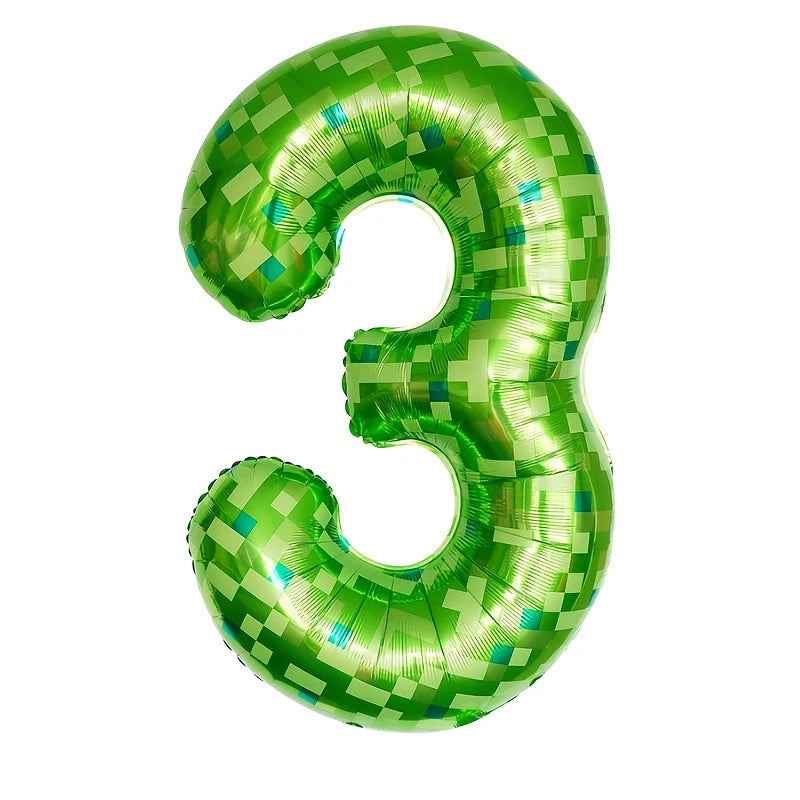 Number 3 Green Pixel Minecraft Theme Foil Balloon