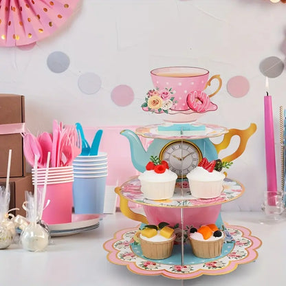 Pink Floral Tea Party Theme Card Cake Stand