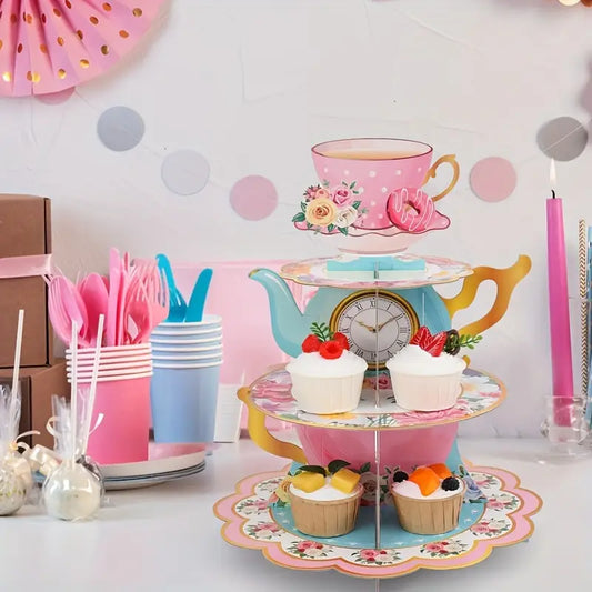Pink Floral Tea Party Theme Card Cake Stand