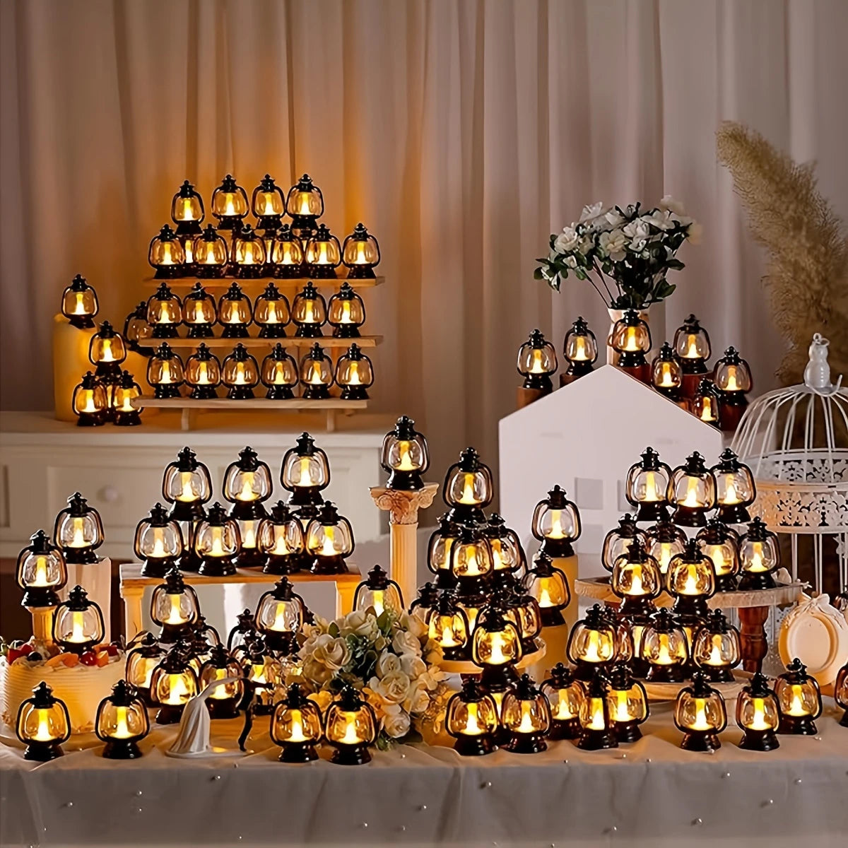 Mini Black Lanterns with Flickering LED Candles Battery Powered Pack of 12
