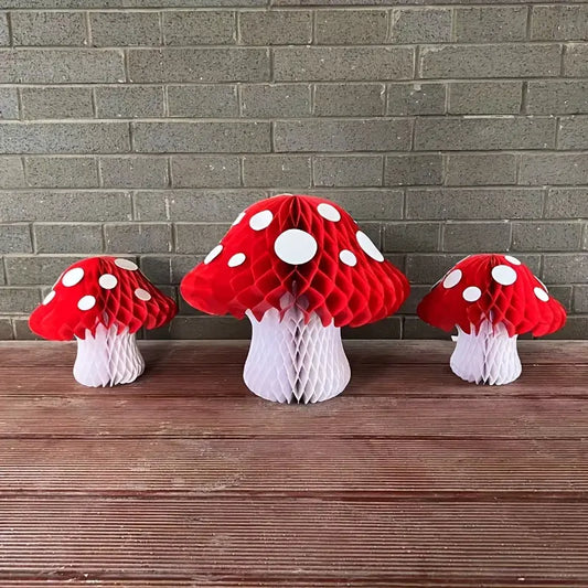 Red & White Mushroom Honeycomb Decorations Pack of 3