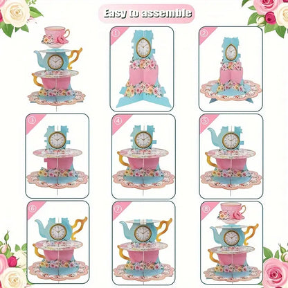 Pink Floral Tea Party Theme Card Cake Stand