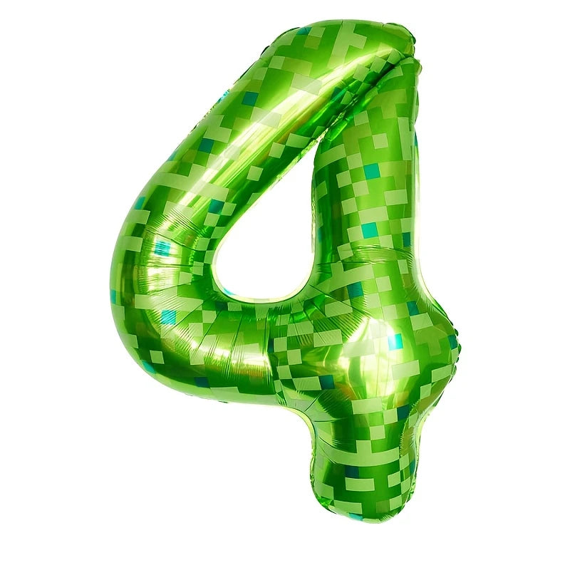 Number 4 Green Pixel Minecraft Theme Foil Balloon