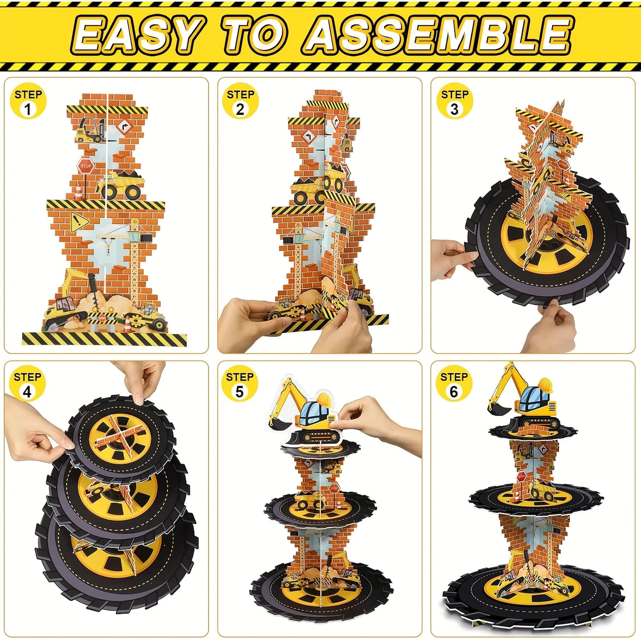 Construction 3-Tier Cupcake Stand with Dump Truck & Excavator Design