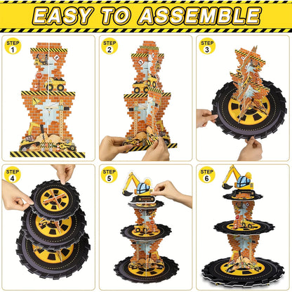 Construction 3-Tier Cupcake Stand with Dump Truck & Excavator Design