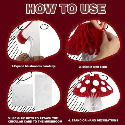 Red & White Mushroom Honeycomb Decorations Pack of 3