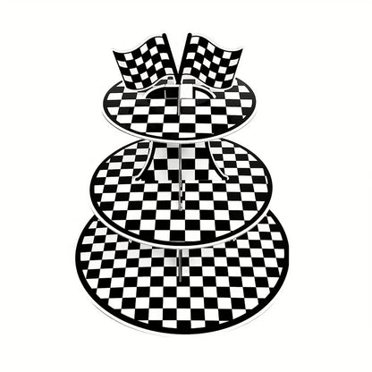 Racing Checkered 3-Tier Round Cardboard Cupcake Stand