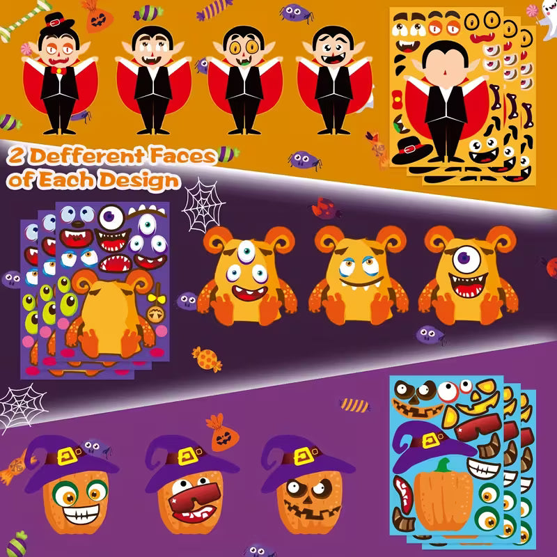 Halloween Face Stickers - Vampire, Witch, Monster, Mummy, Frankenstein Pack of 12