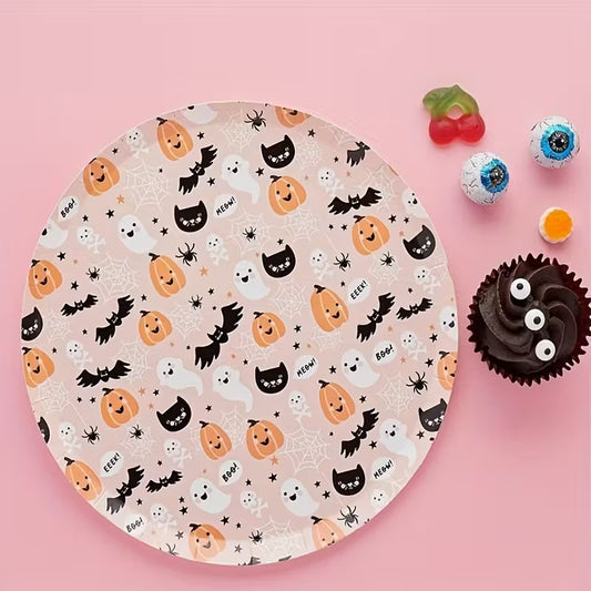 Halloween Paper Plates Pumpkin, Bat, Black Cat & Spider Web Pack of 8