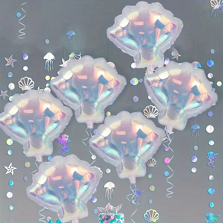 Iridescent Shell-Shaped Foil Balloons Transparent Holographic Pack of 6
