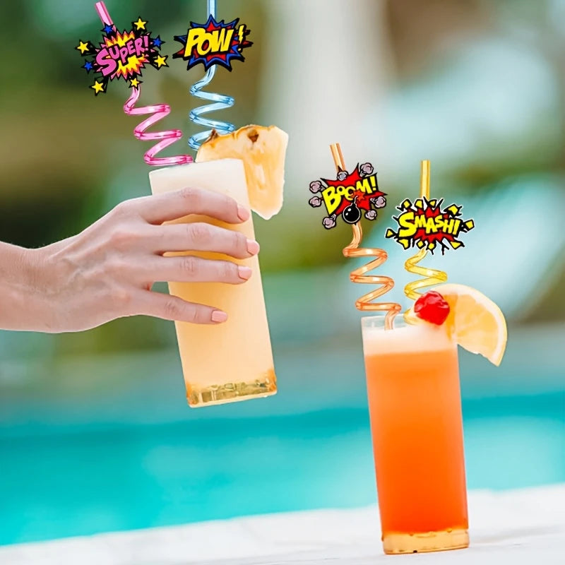 Superhero-Themed Reusable Spiral Plastic Straws Pack of 12