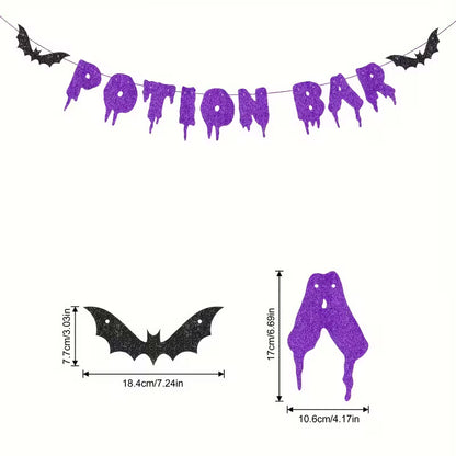 Halloween Potion Bar Banner Purple & Black Glittery Bat Design