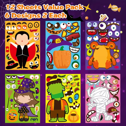 Halloween Face Stickers - Vampire, Witch, Monster, Mummy, Frankenstein Pack of 12