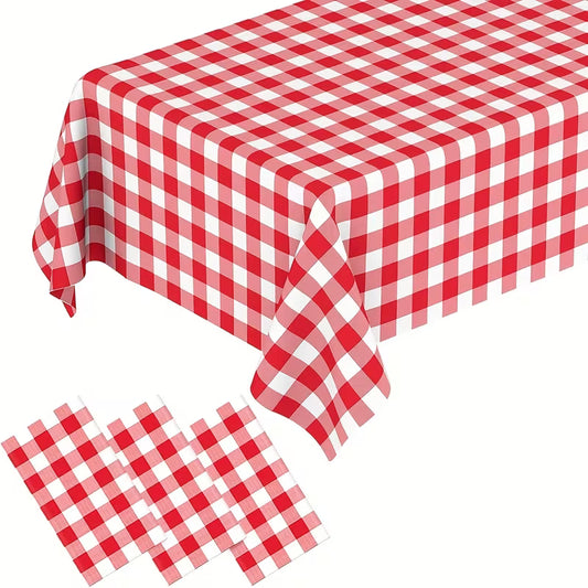 Red and White Plastic Checkered Tablecloth